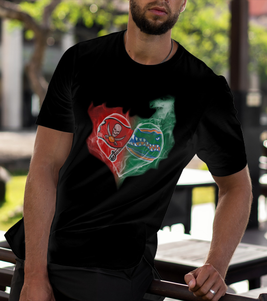 Buccaneers And Florida Gators Heart Smoke Logo Combination T-Shirt