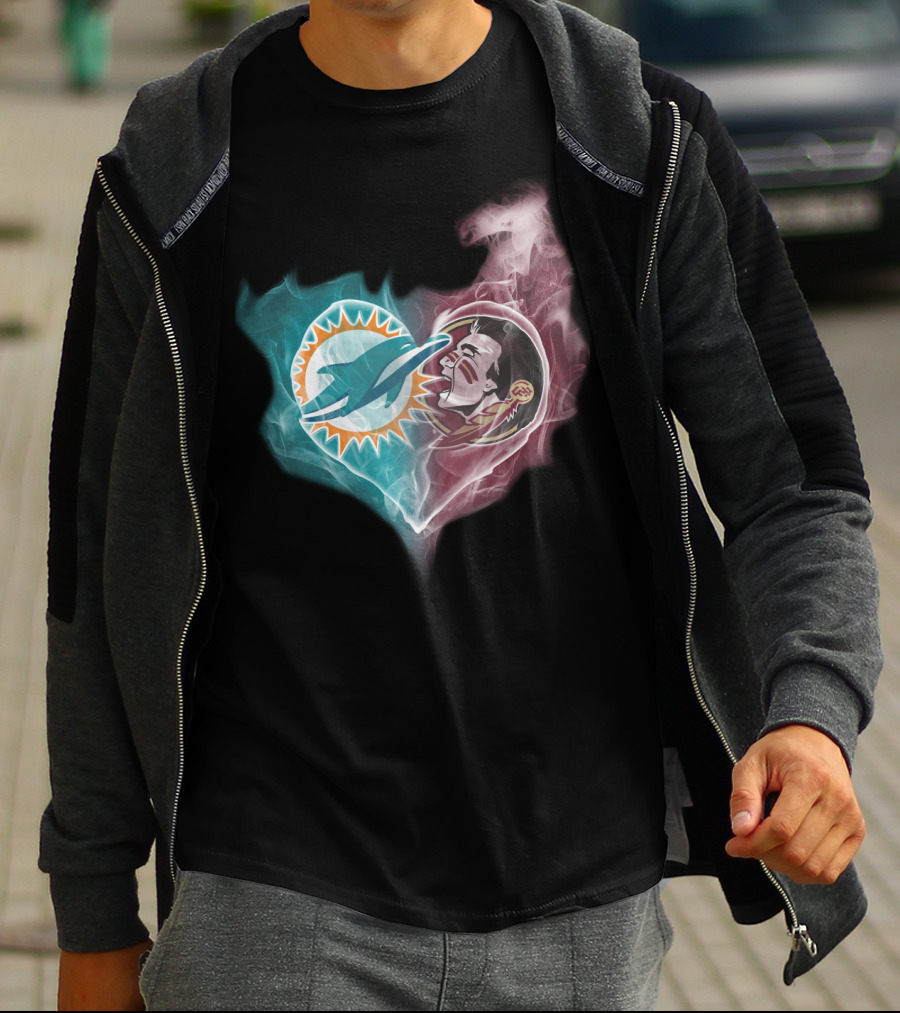 Miami Dolphins Florida State Seminoles Logo Heart Fusion T-Shirt