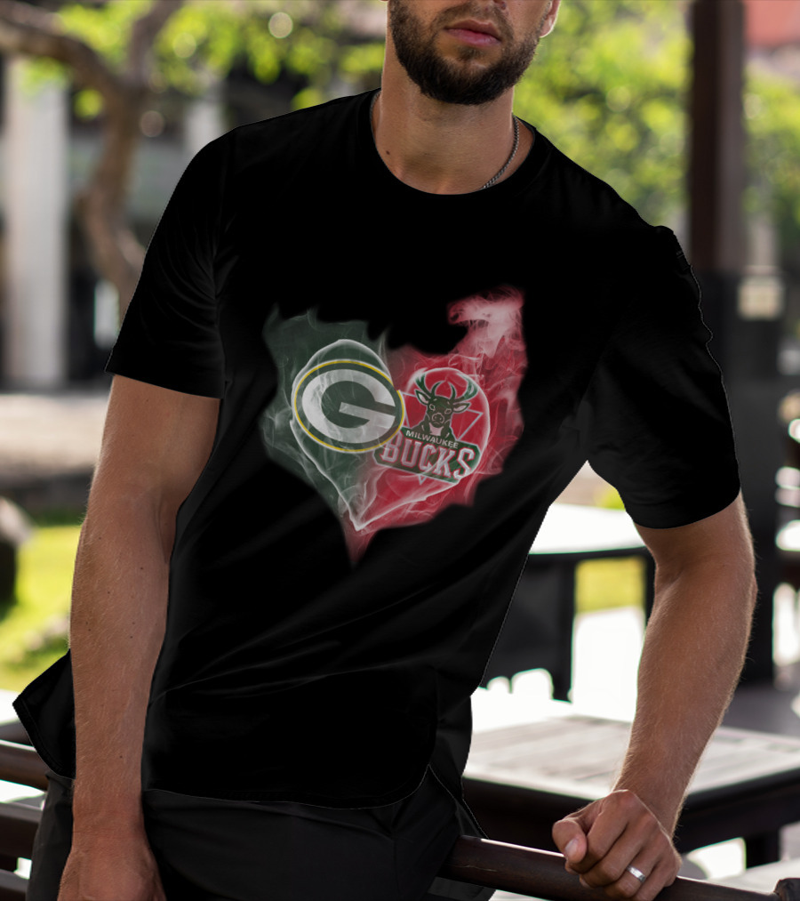 Green Bay Packers And Milwaukee Bucks Heart Fusion T-Shirt