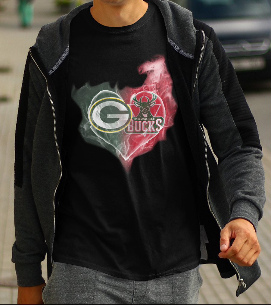 Green Bay Packers And Milwaukee Bucks Heart Fusion T-Shirt