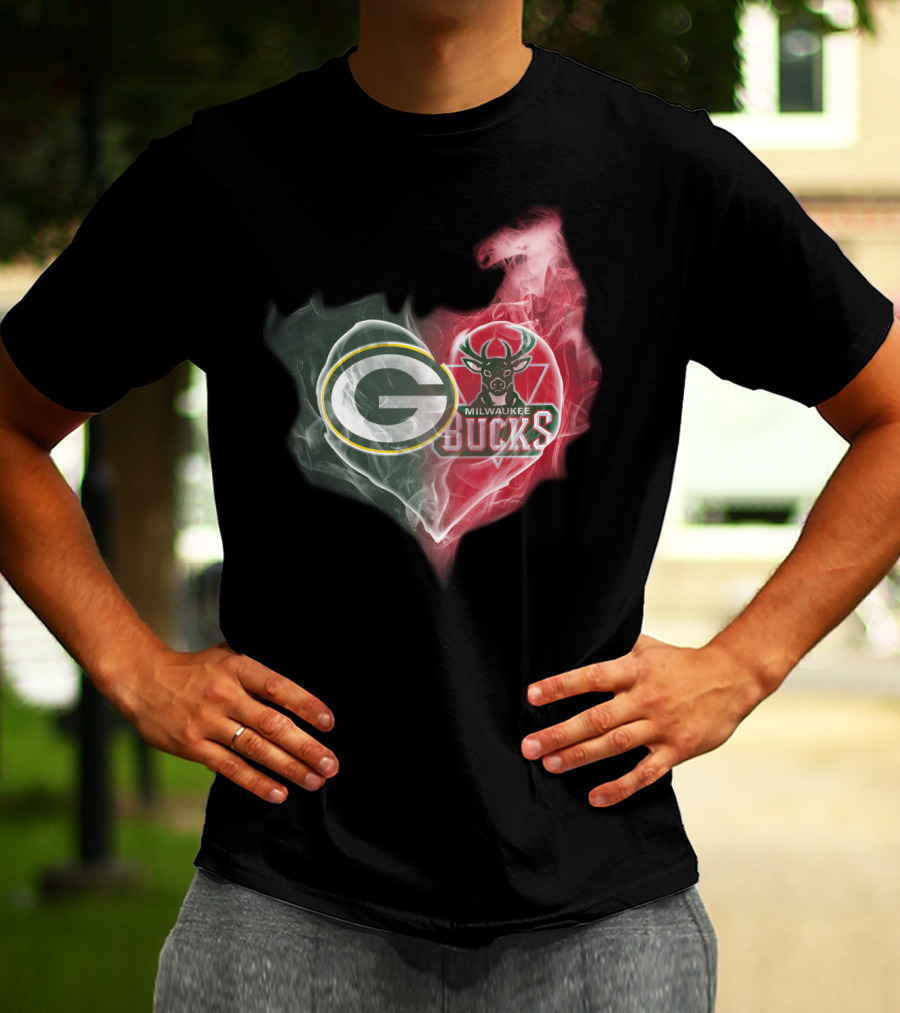 Green Bay Packers And Milwaukee Bucks Heart Fusion T-Shirt