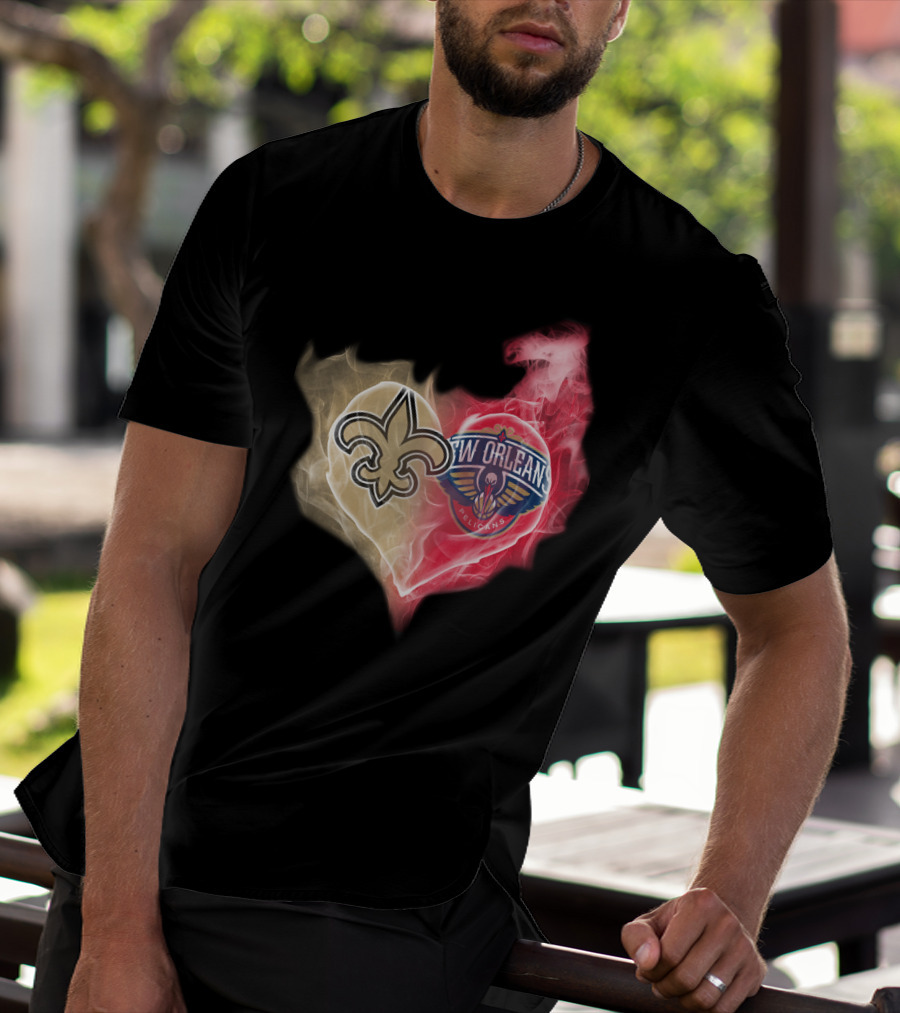 New Orleans Saints Pelicans Heart Logo Fusion T-Shirt