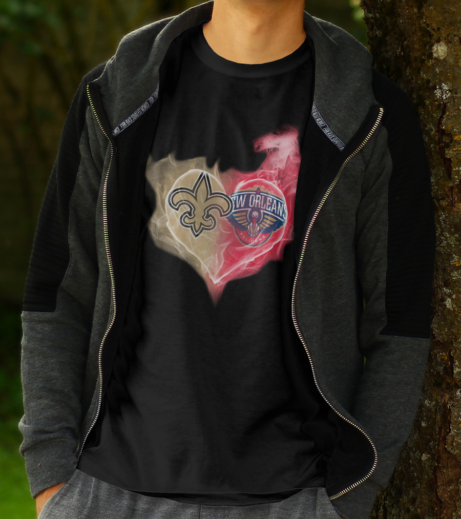New Orleans Saints Pelicans Heart Logo Fusion T-Shirt