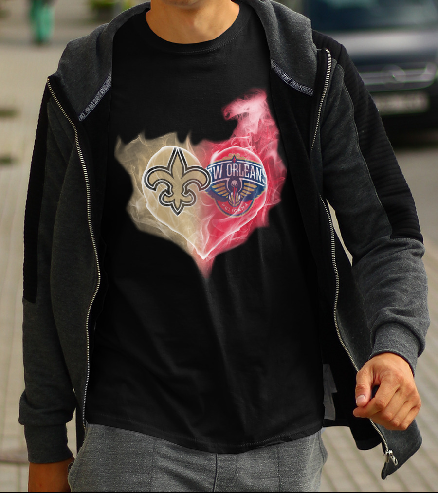 New Orleans Saints Pelicans Heart Logo Fusion T-Shirt