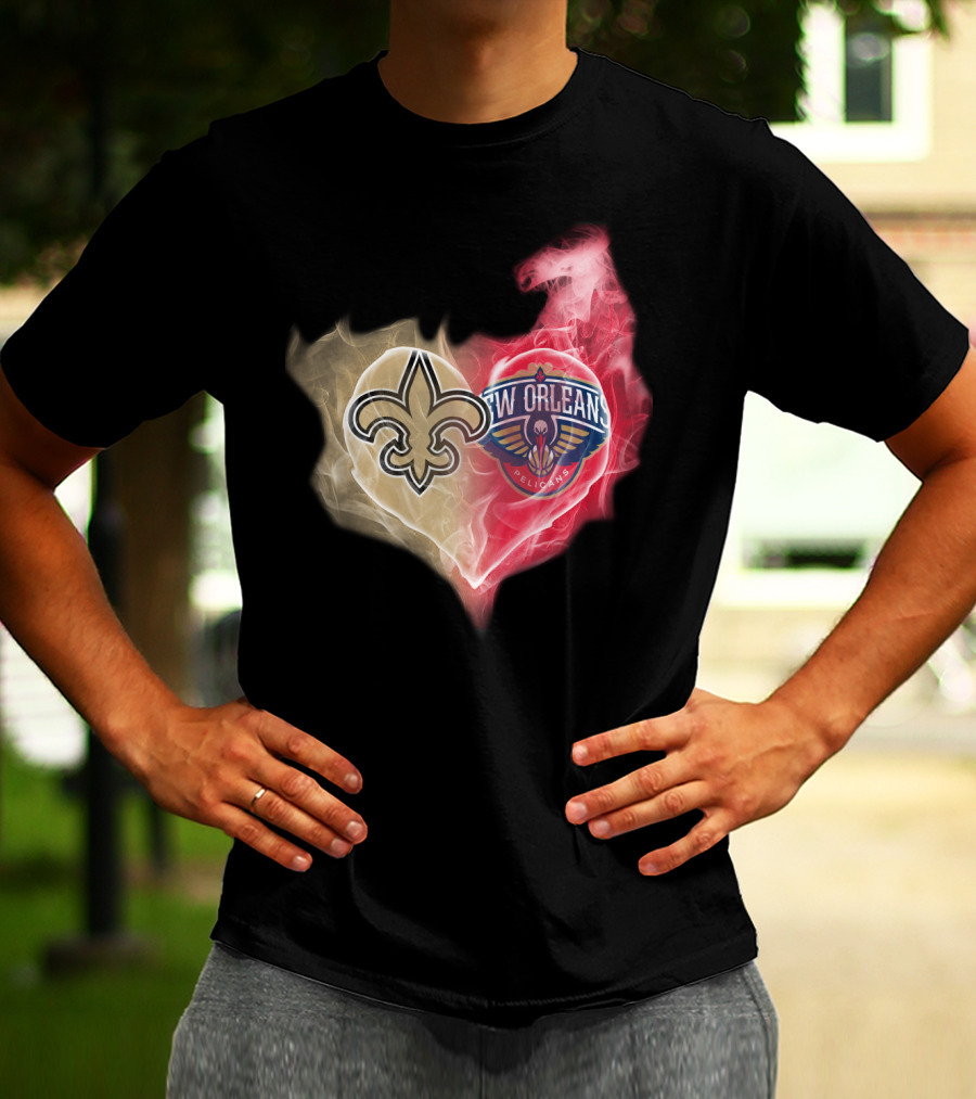 New Orleans Saints Pelicans Heart Logo Fusion T-Shirt