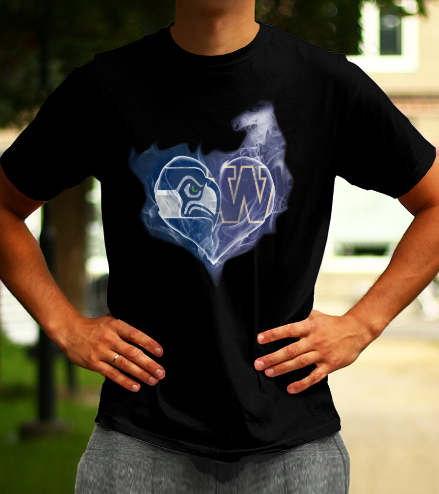 Seattle Seahawks Washington Huskies Heart Logo Smoke T-Shirt