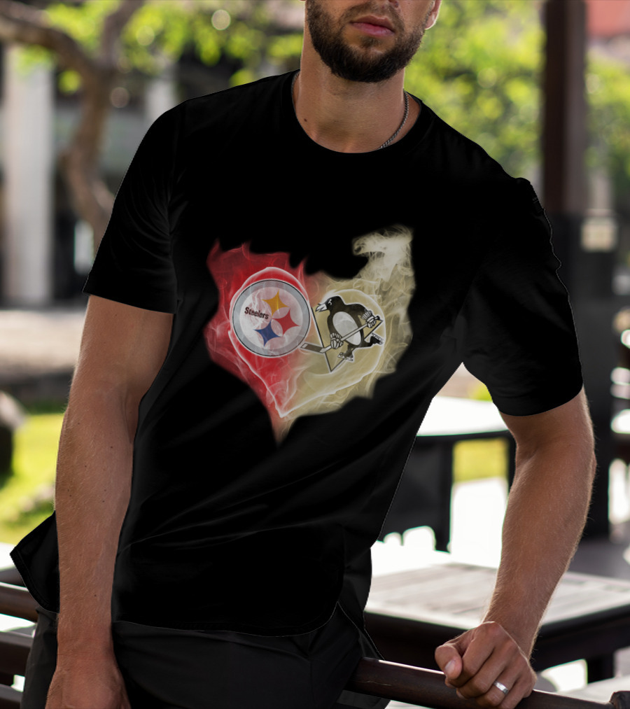 Steelers Pittsburgh Penguins Heart Shape Emblem T-Shirt