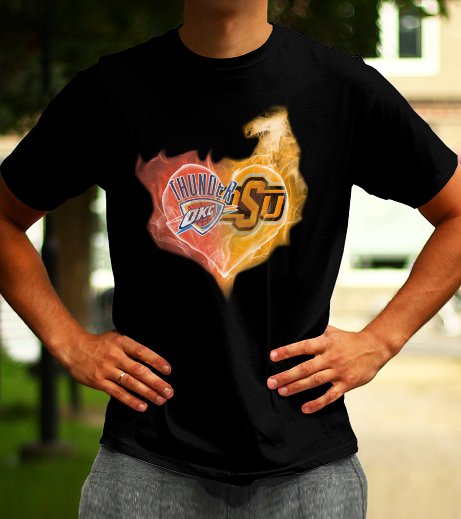Thunder OKC And OSU Cowboys Flame Heart T-Shirt