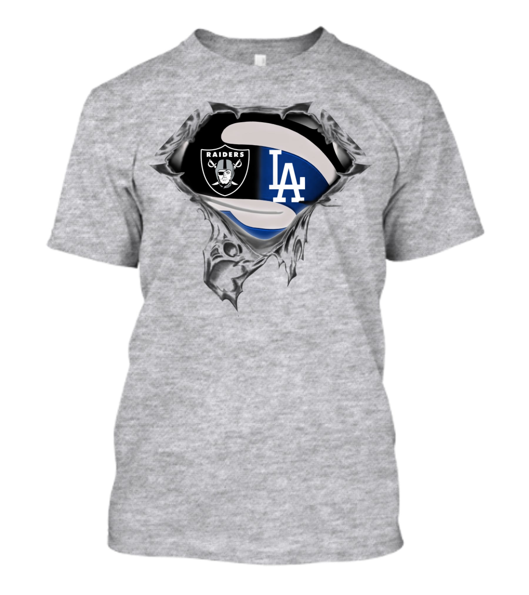 Raiders And Dodgers Logos Underneath Ripped Metal T-Shirt
