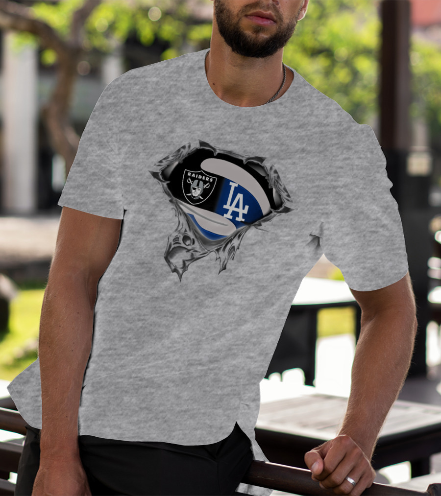 Raiders And Dodgers Logos Underneath Ripped Metal T-Shirt