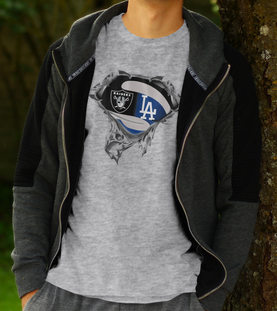 Raiders And Dodgers Logos Underneath Ripped Metal T-Shirt