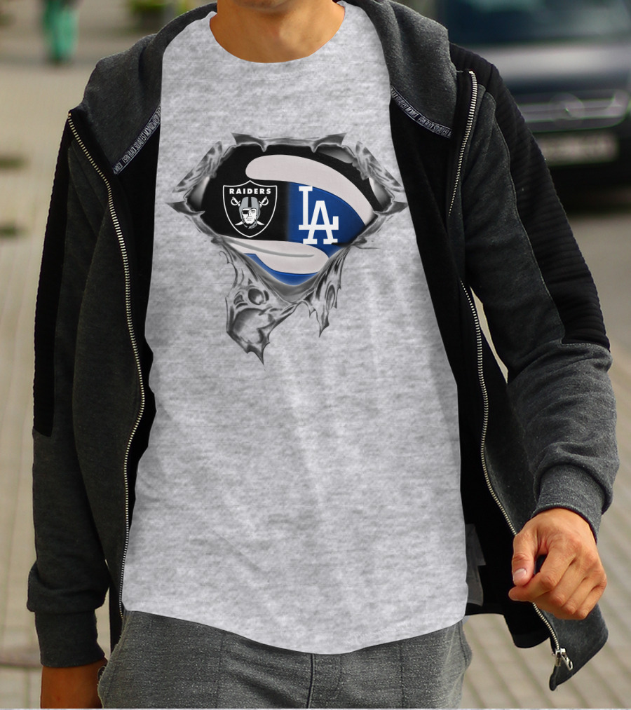 Raiders And Dodgers Logos Underneath Ripped Metal T-Shirt