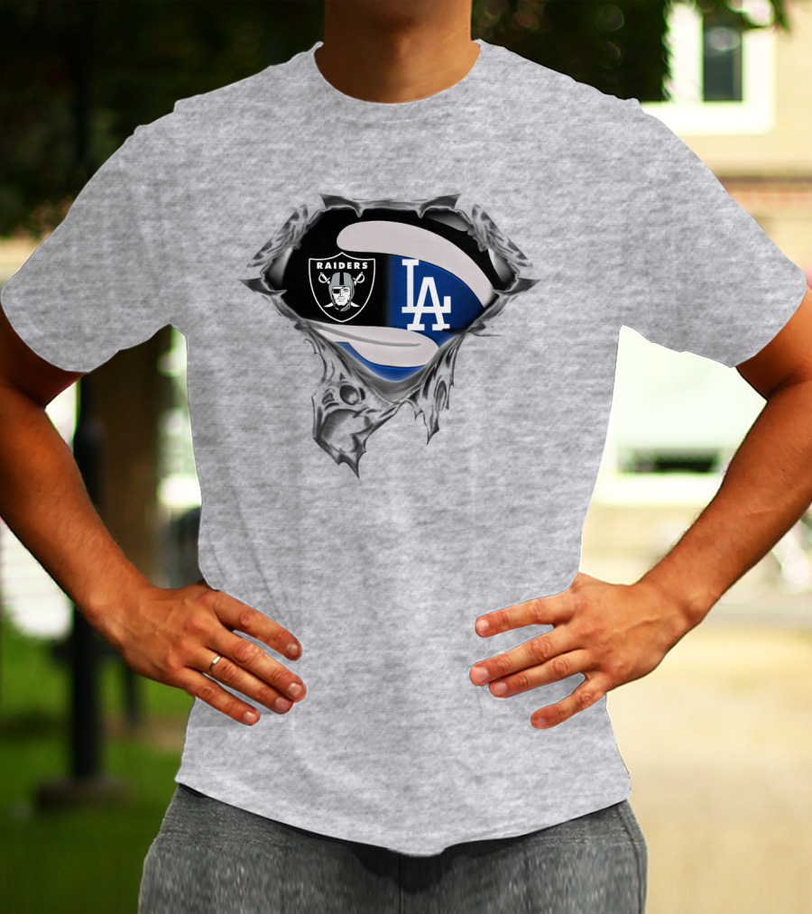 Raiders And Dodgers Logos Underneath Ripped Metal T-Shirt