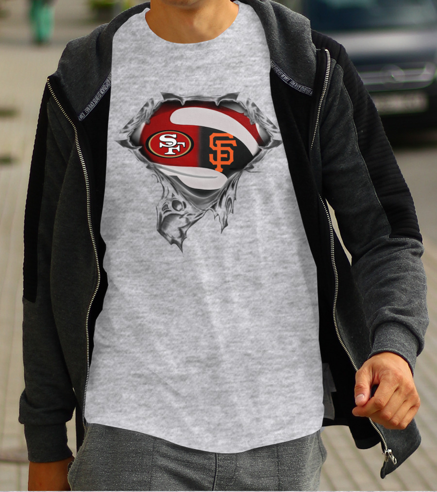 Sf 49ers And Giants Logos Inside Superhero Style T-Shirt