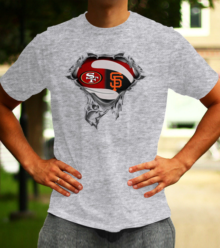 Sf 49ers And Giants Logos Inside Superhero Style T-Shirt