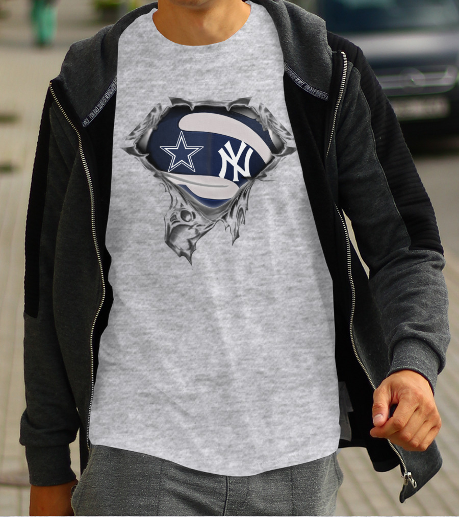 Cowboys Yankees Star And Ny Logo Fusion On Torn Fabric T-Shirt