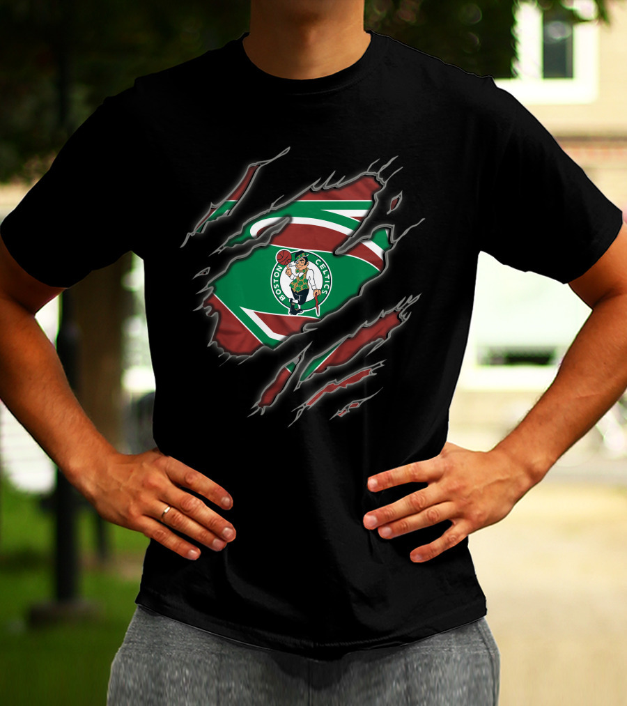 Boston Celtics Superman Logo Green And Red Rip T-Shirt
