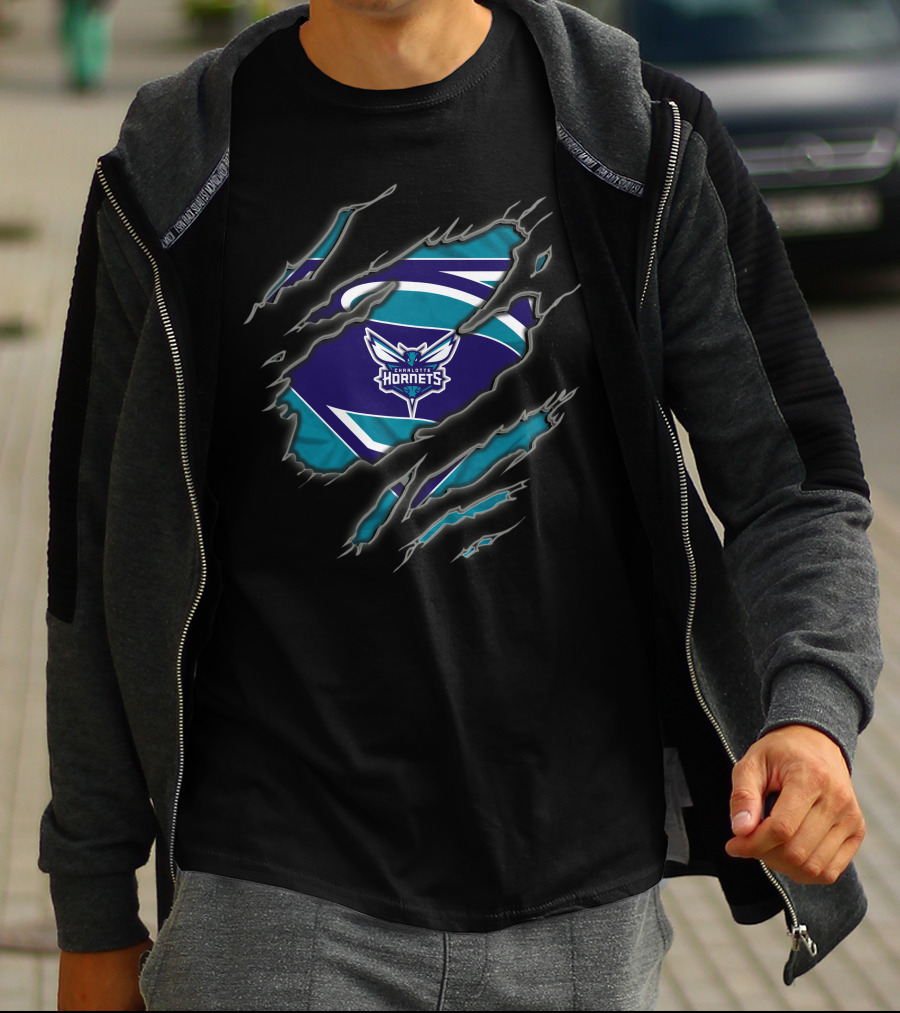 Charlotte Hornets Superman Style Rip Reveal T-Shirt
