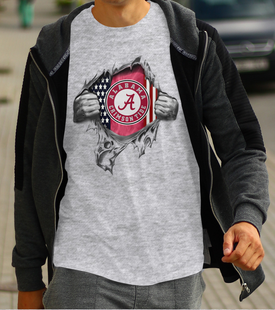 Alabama Crimson Tide American Flag Ripped Style T-Shirt