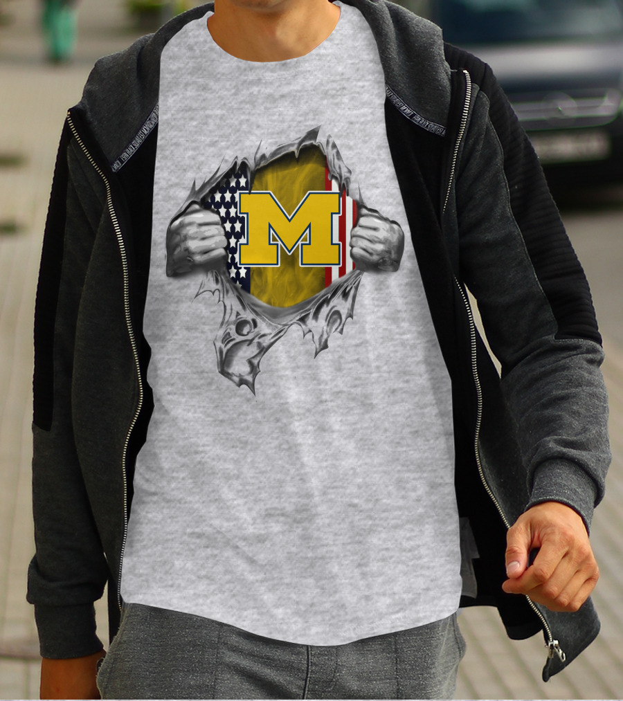 Michigan Wolverines M Logo With American Flag Tear T-Shirt