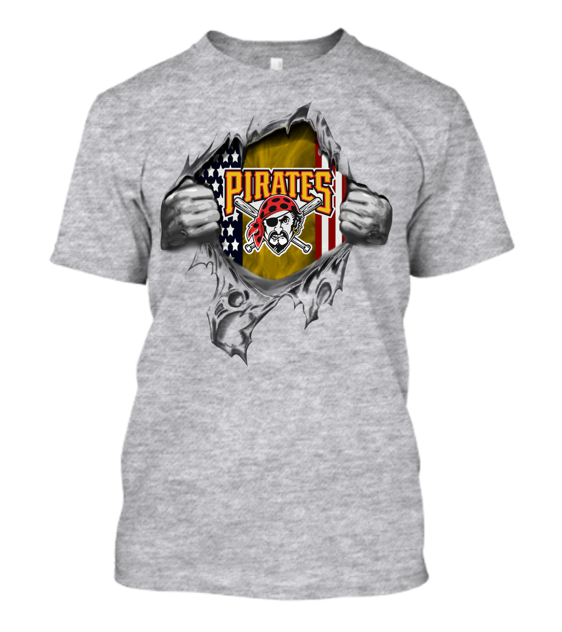 Pirates American Flag Skull And Crossed Bats Baseball Tear T-Shirt