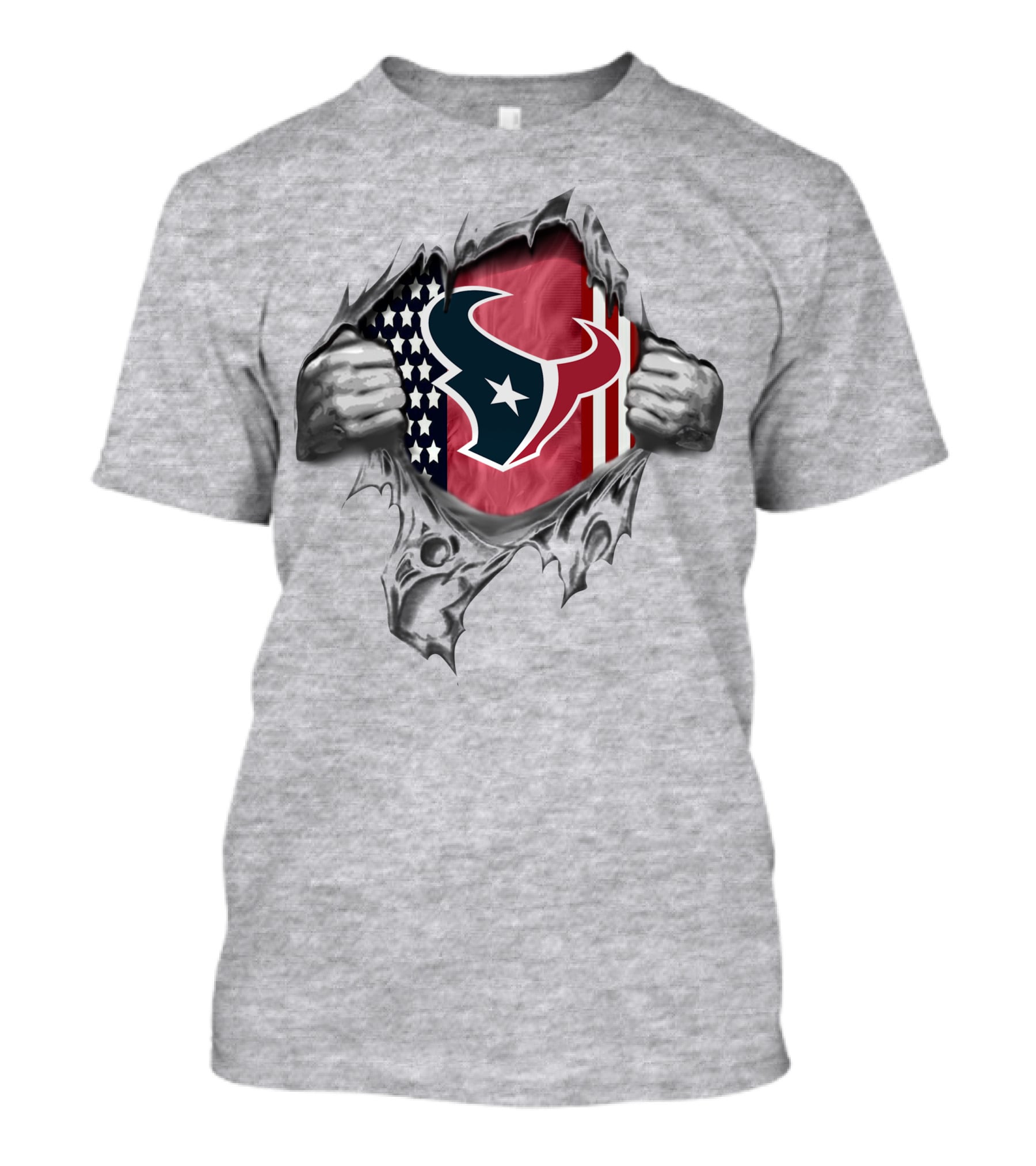 Ripped American Flag With Houston Texans Logo Peeking Through T-Shirt