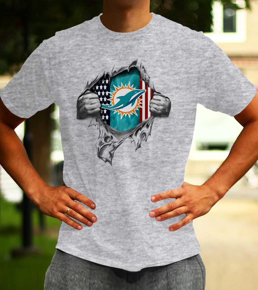 American Flag Miami Dolphins Logo Peeking Through Torn T-Shirt