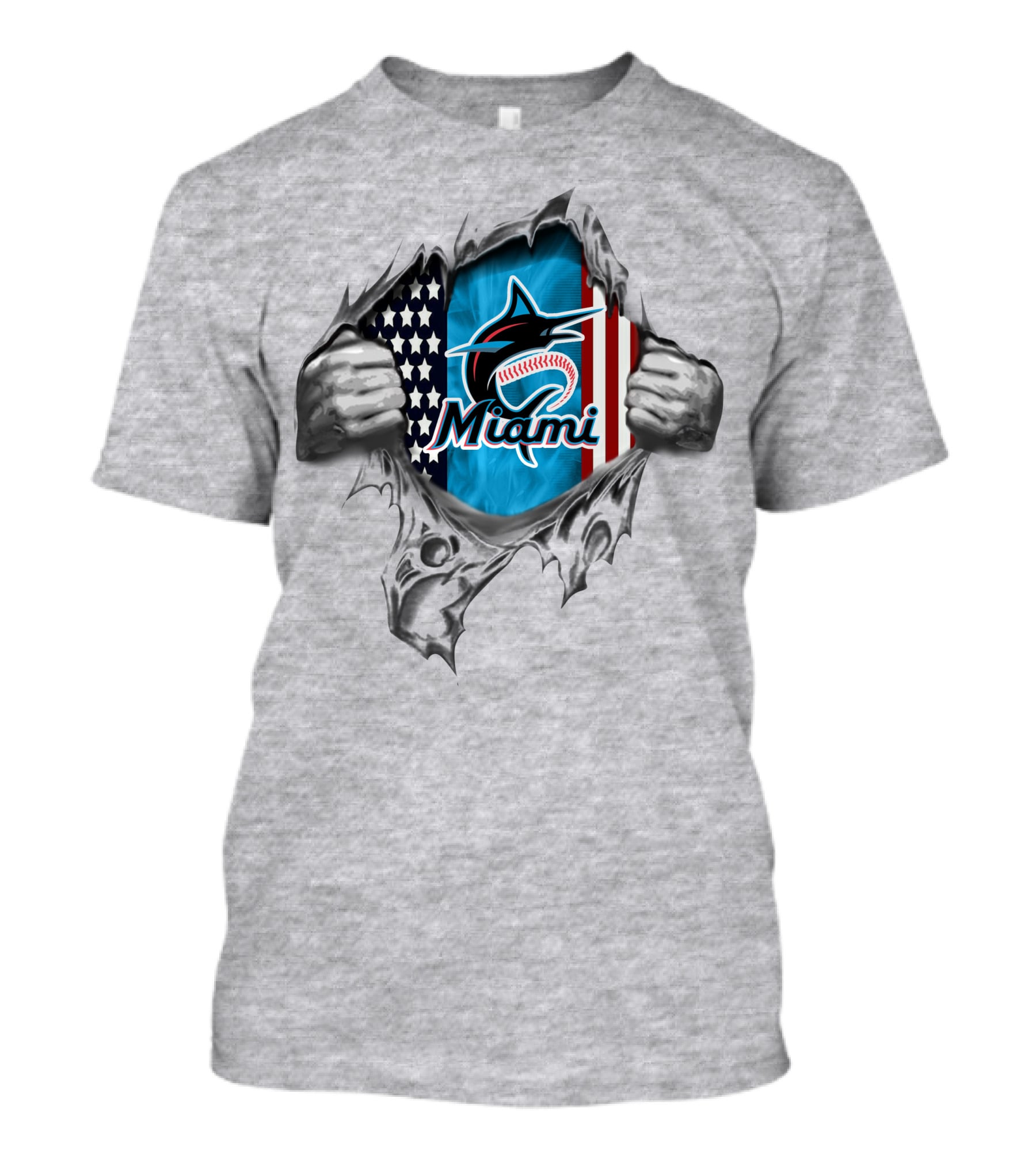 Miami Marlins American Flag Baseball Logo Tear Effect T-Shirt