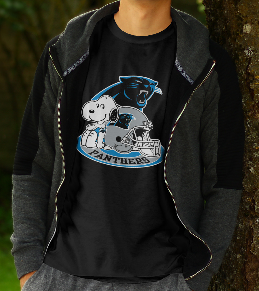 Snoopy Hugging Carolina Panthers Helmet With Team T-Shirt