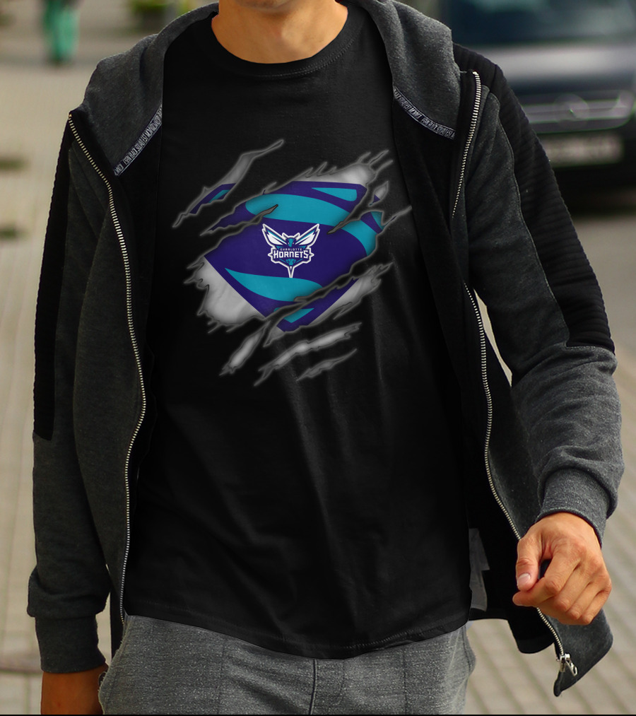 Charlotte Hornets Logo Ripped Superman Style T-Shirt