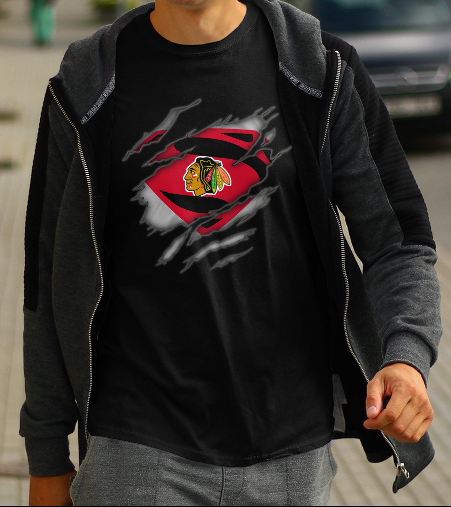 Chicago Blackhawks Superman Logo Claw Ripped Effect T-Shirt
