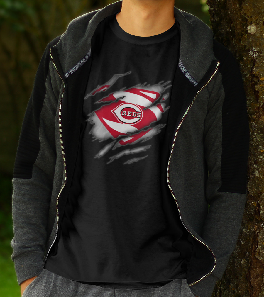 Cincinnati Reds Logo Superman Style Tear Reveal T-Shirt