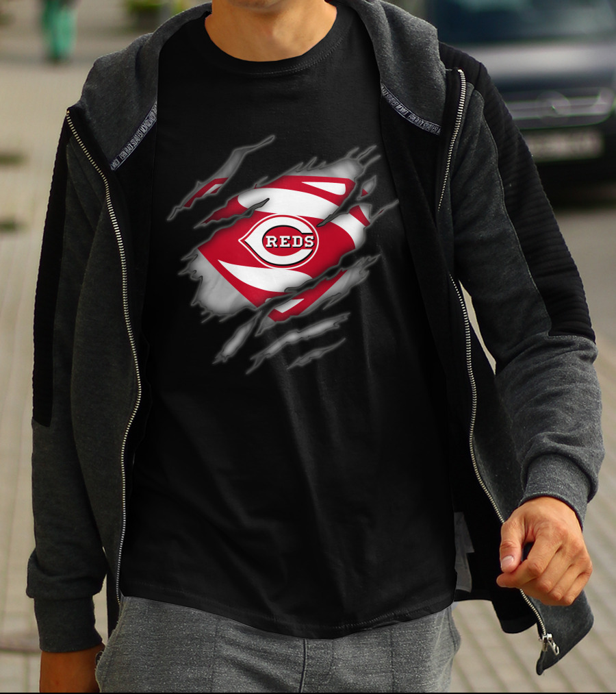Cincinnati Reds Logo Superman Style Tear Reveal T-Shirt