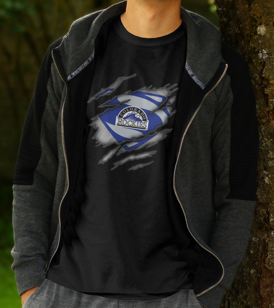 Colorado Rockies Emblem With Superman Style Rip Effect T-Shirt