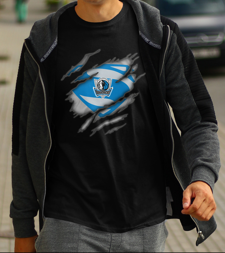 Dallas Mavericks Logo With Superman Style Costume Rip T-Shirt