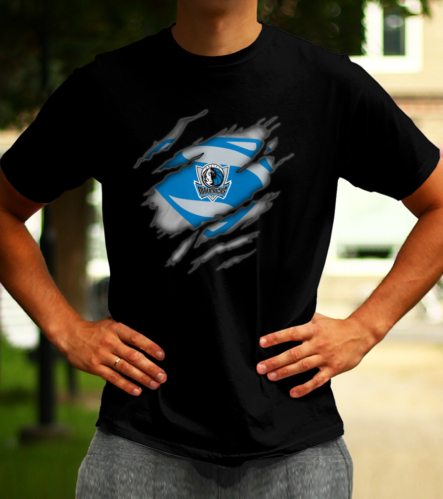 Dallas Mavericks Logo With Superman Style Costume Rip T-Shirt