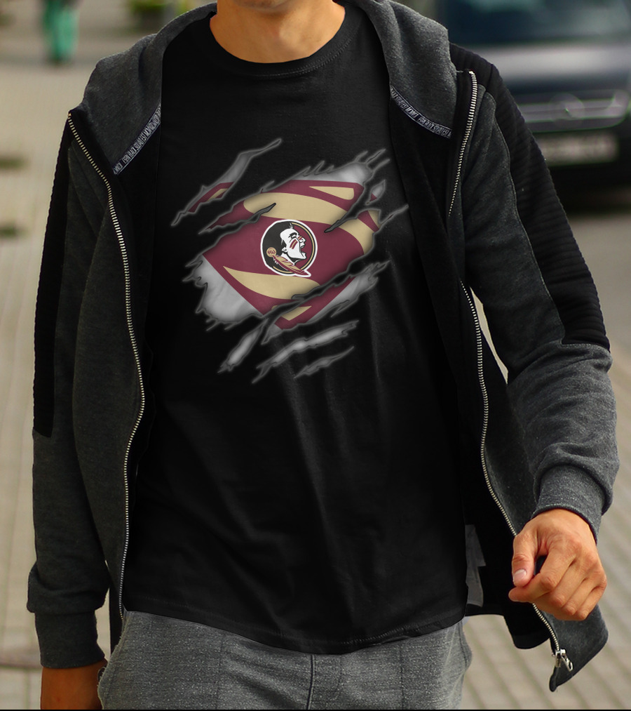Florida State Seminoles Logo With Superman Style Rip Effect T-Shirt