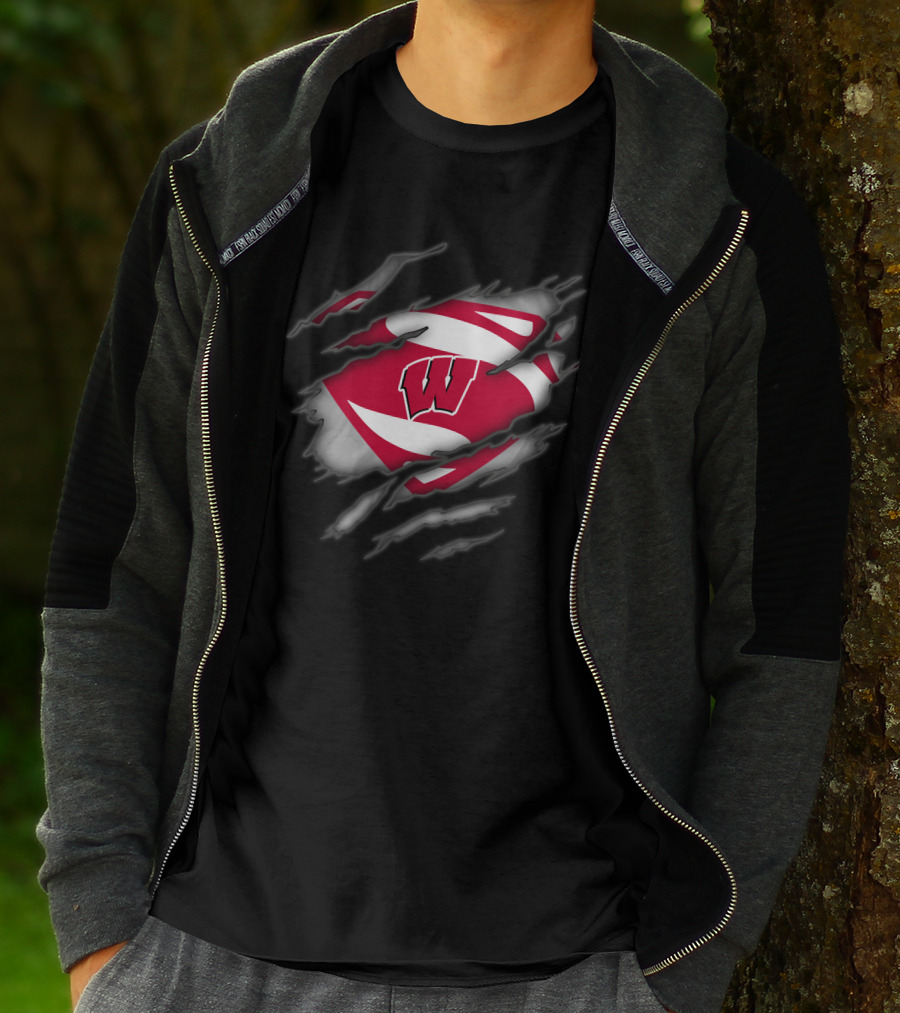 Wisconsin Badgers Logo With Superman Style Shield Print T-Shirt