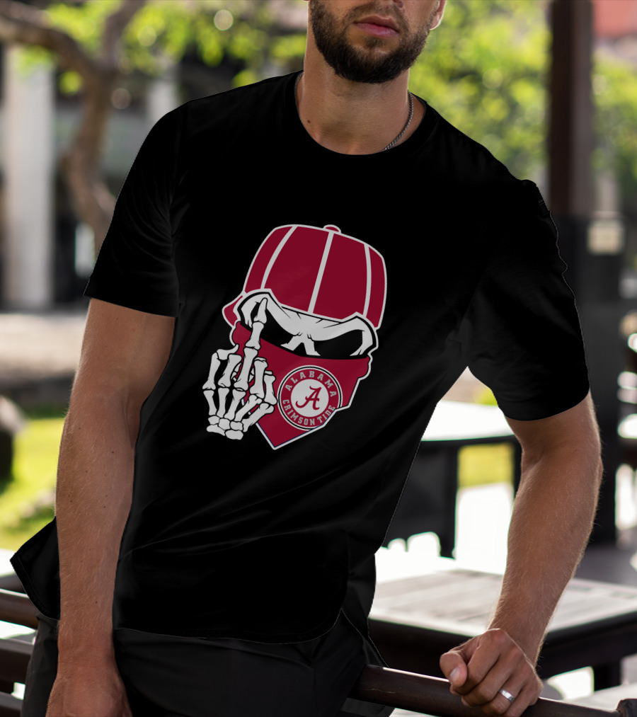 Alabama Crimson Tide Skull Skeleton Bandana Middle Finger T-Shirt