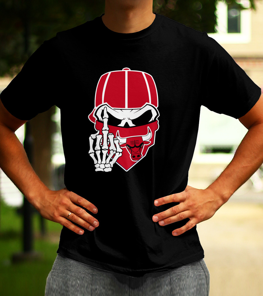 Chicago Bulls Skull Bandana Skeleton Hand Gesture T-Shirt