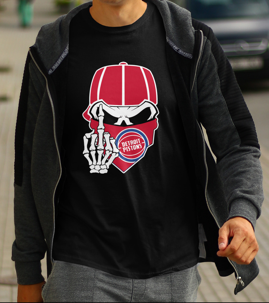 Detroit Pistons Skull Bandana Skeleton Gesture T-Shirt