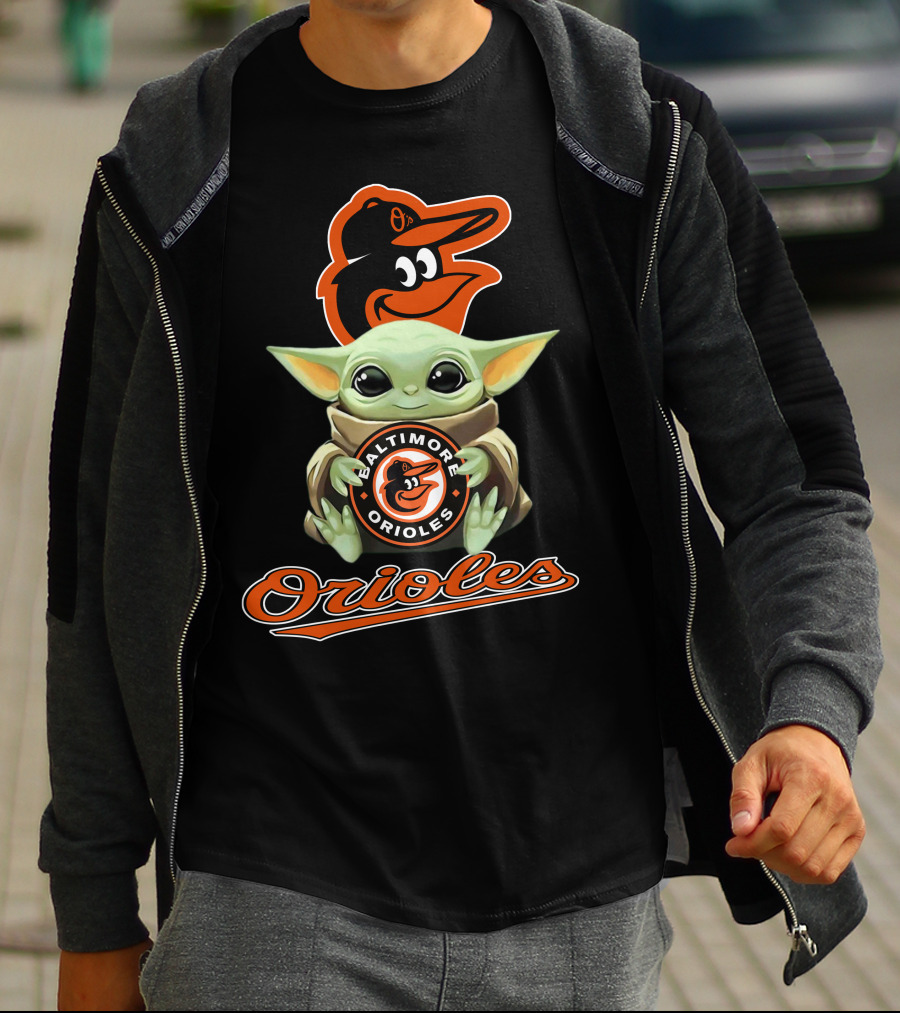 Baltimore Orioles Baby Yoda Holding Logo With Mascot And Team Name T-Shirt