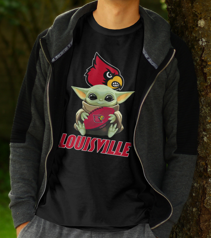 Louisville Cardinals Baby Yoda Holding Football T-Shirt