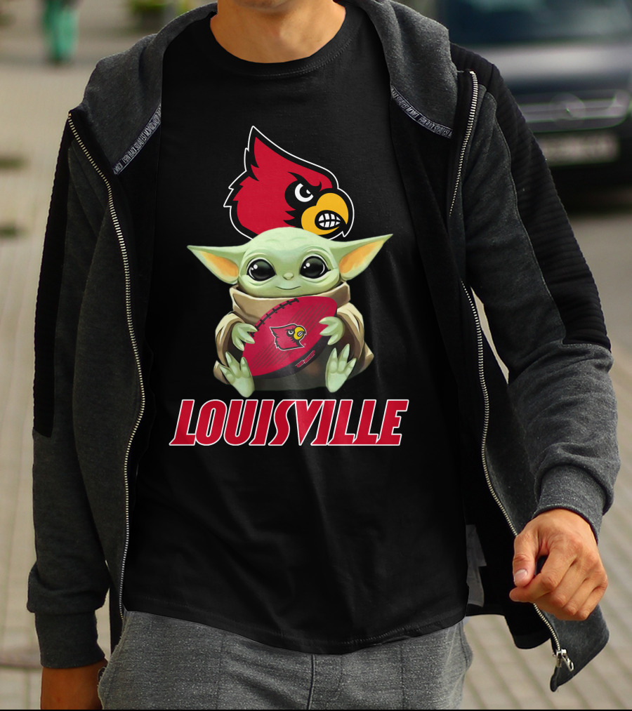 Louisville Cardinals Baby Yoda Holding Football T-Shirt