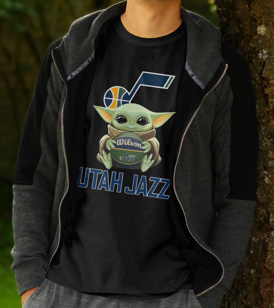Utah Jazz Baby Yoda Holding Wilson Basketball T-Shirt