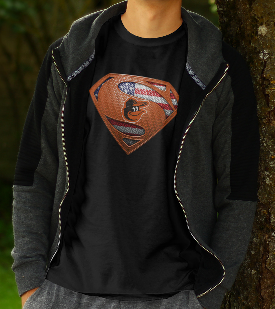 Baltimore Orioles Superman Logo American Flag Icon T-Shirt