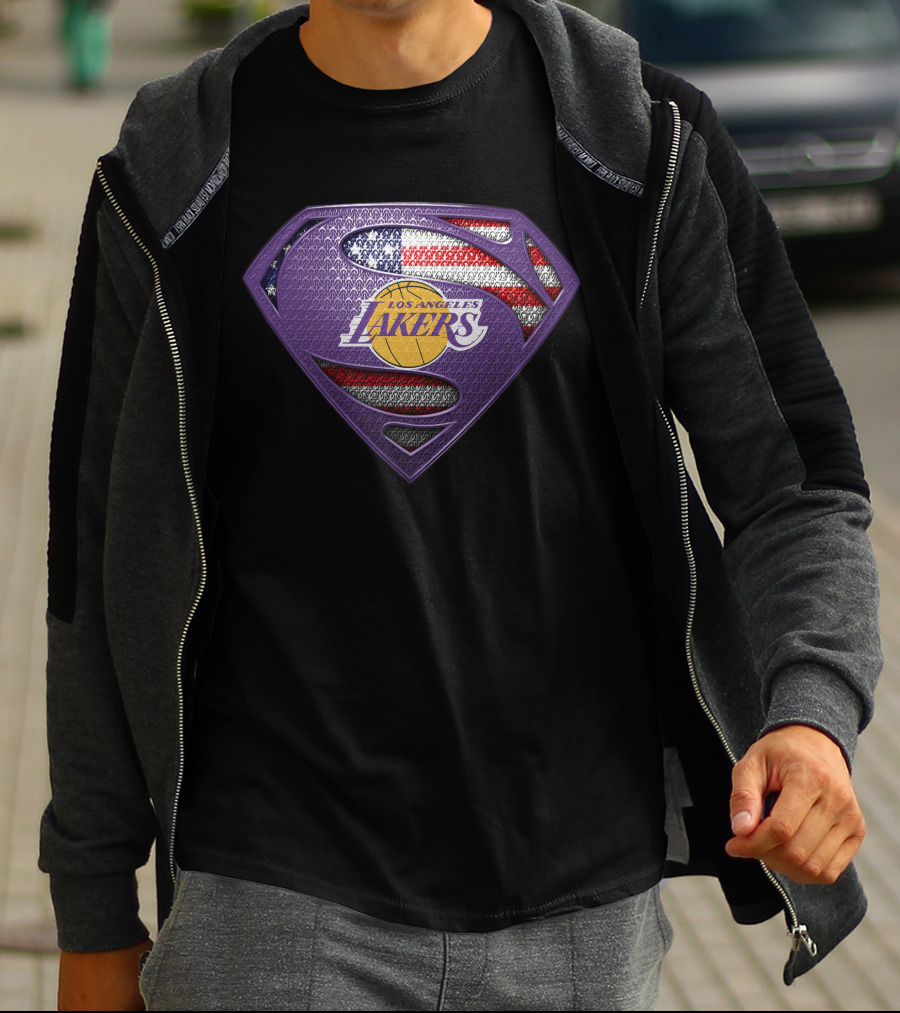 Los Angeles Lakers Superman Shield American Flag T-Shirt