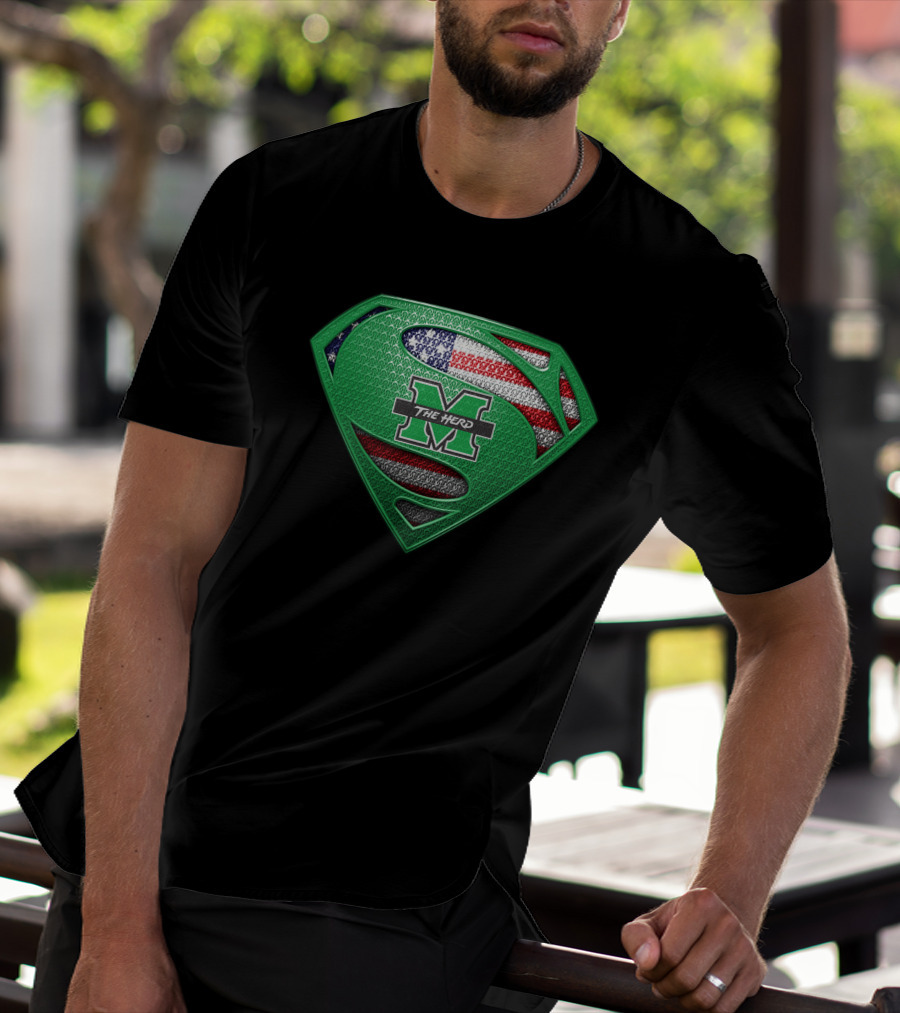 Marshall Thundering Herd Superman Logo With American Flag Element T-Shirt