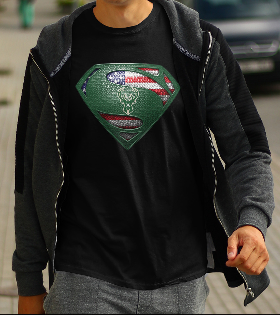 Milwaukee Bucks Superman Logo With American Flag T-Shirt