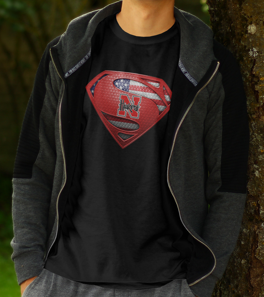 Nebraska Cornhuskers Superman Logo With American Flag T-Shirt